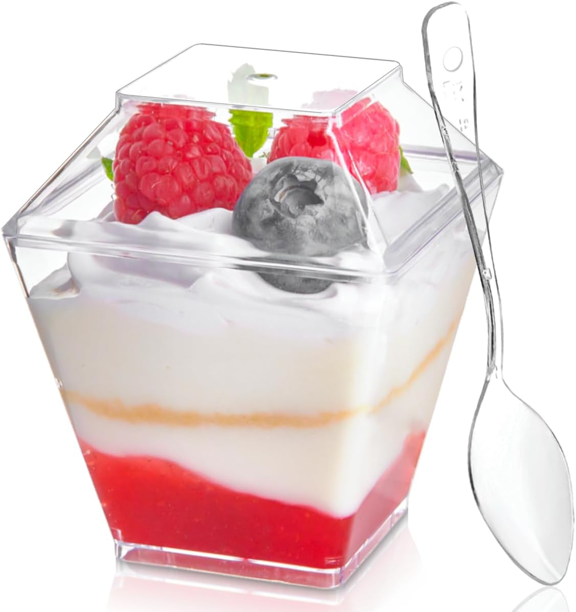 qeirudu 100 pack 2 oz mini dessert cups with lids and spoons clear plastic square appetizer cups parfait cups small tumbler serving bowl for tasting party dessert samples