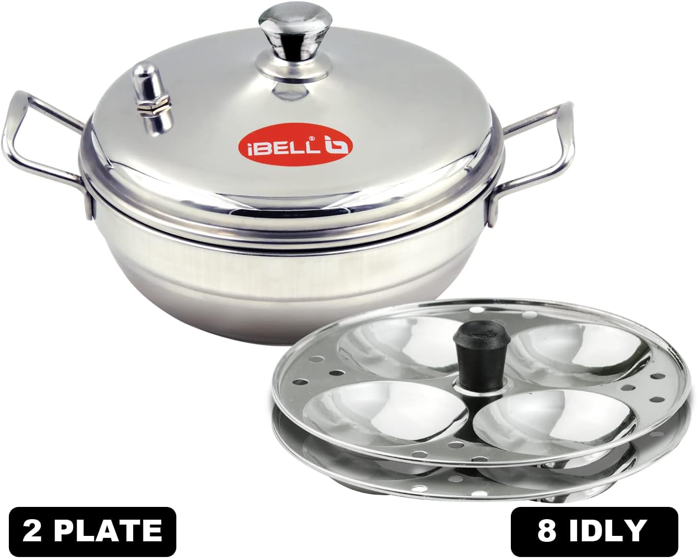 ibell stainless steel multi purpose kadai with 2 idli plate (8 idlis) and steel lid, silver