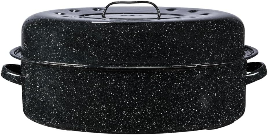 granite ware oval roaster 19 inch with lid (speckled black) enamelware roasting pan. home or on the grill. great grilling, boiling, baking or roasting. dishwasher safe.