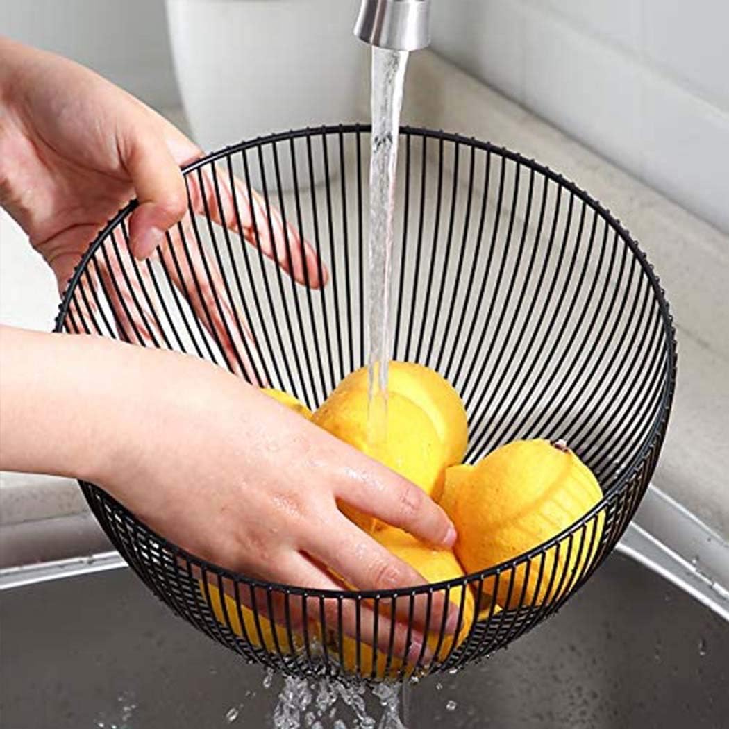 amerteer kitchen decor metal wire kitchen storage basket, large round bowl for breads, fruits, snacks, candy, households items, modern fruit bowl for kitchen counter, living room, countertop (black)