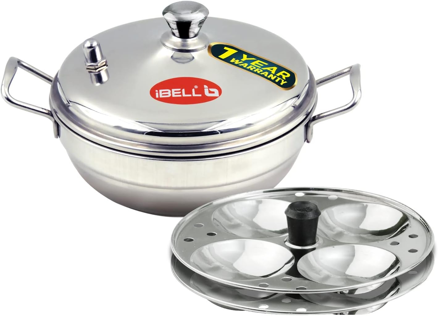 ibell stainless steel multi purpose kadai with 2 idli plate (8 idlis) and steel lid, silver