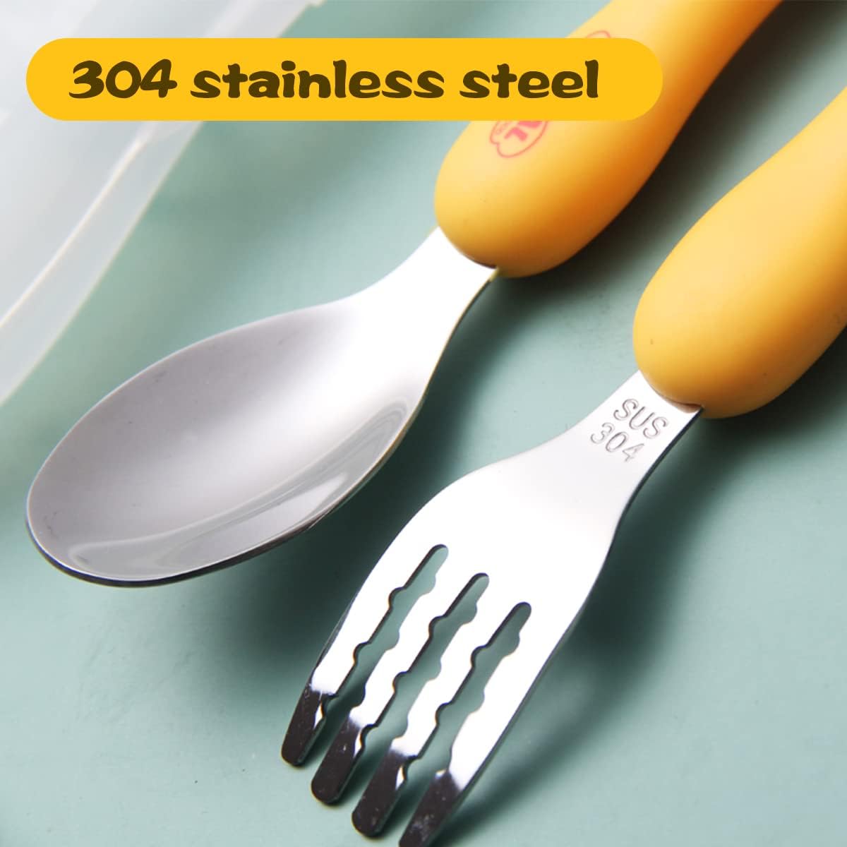 ibama cartoon toddler utensils cute animal stainless steel children's tableware set student fork and spoon two piece creative cutlery set with portable travel case for girls boys kids chick yellow
