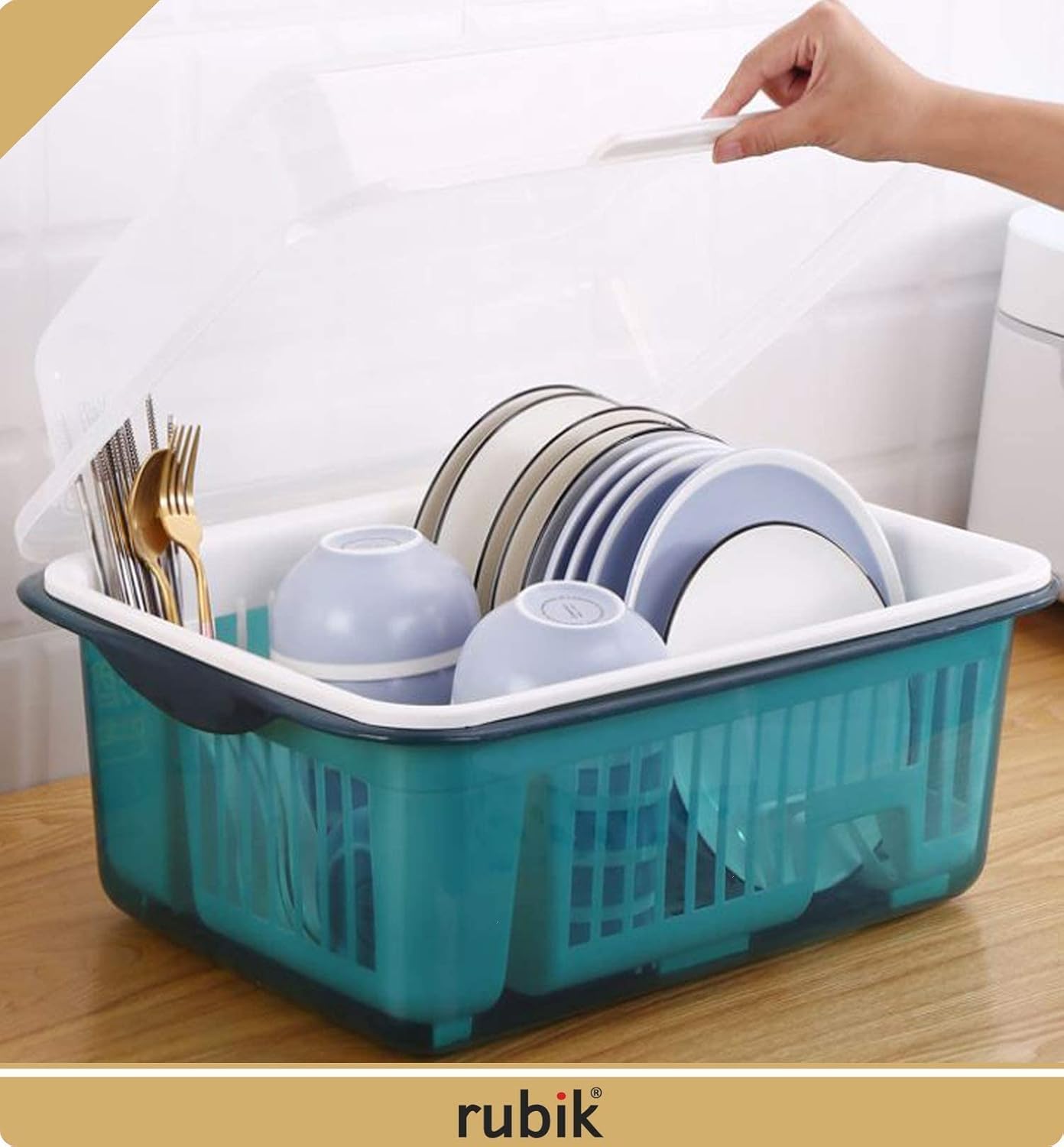rubik covered dish drying storage rack kitchen tableware dish drainer with transparent lid cover (large, blue)