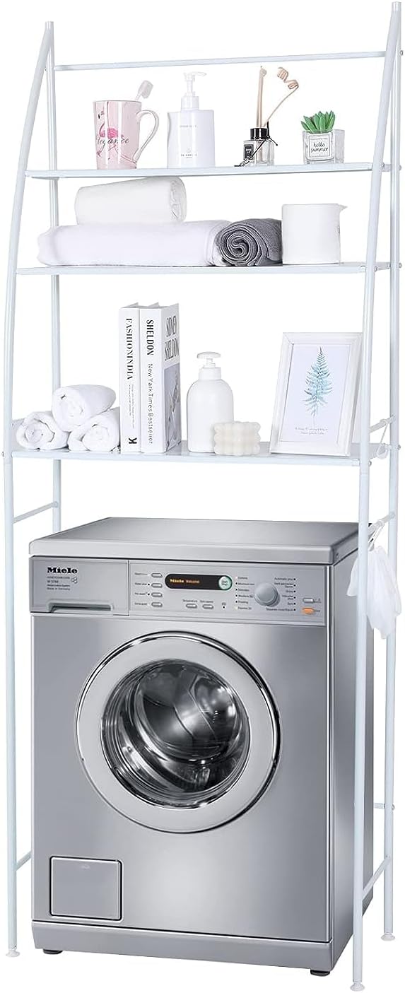 sky touch washing machine storage shelf rack 3 tiers, bathroom shelves toilet shelf space saving,easy to assemble bathroom storage shelf no drilling white,25x65x166 cm