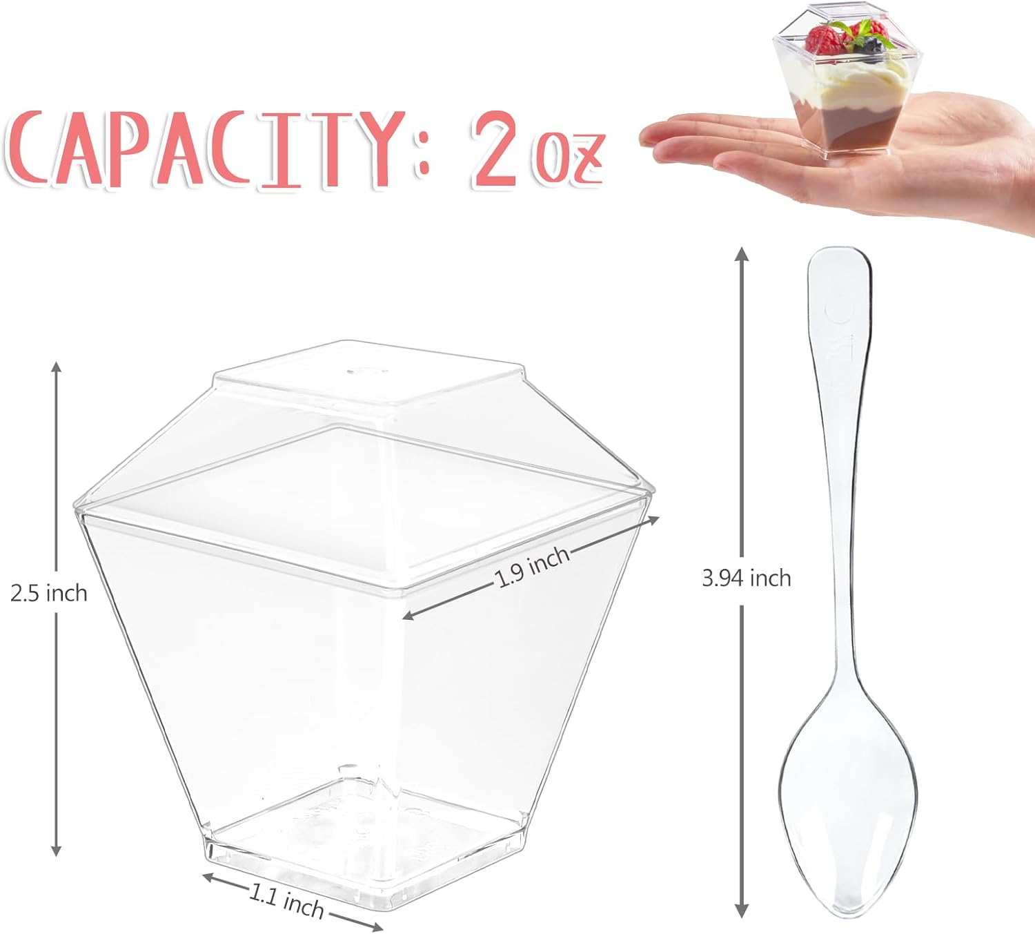 qeirudu 100 pack 2 oz mini dessert cups with lids and spoons clear plastic square appetizer cups parfait cups small tumbler serving bowl for tasting party dessert samples
