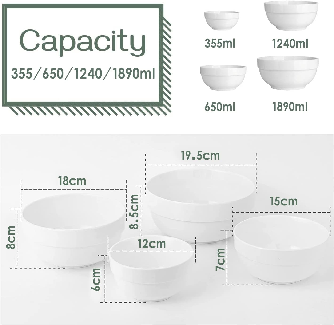 porcelain serving bowls, 1890/1240/650/355ml nesting bowls, white ceramic bowl sets, versatile bowls for kitchen, scratch resistant, thick edge non slip design, oven & microwave & dishwasher safe