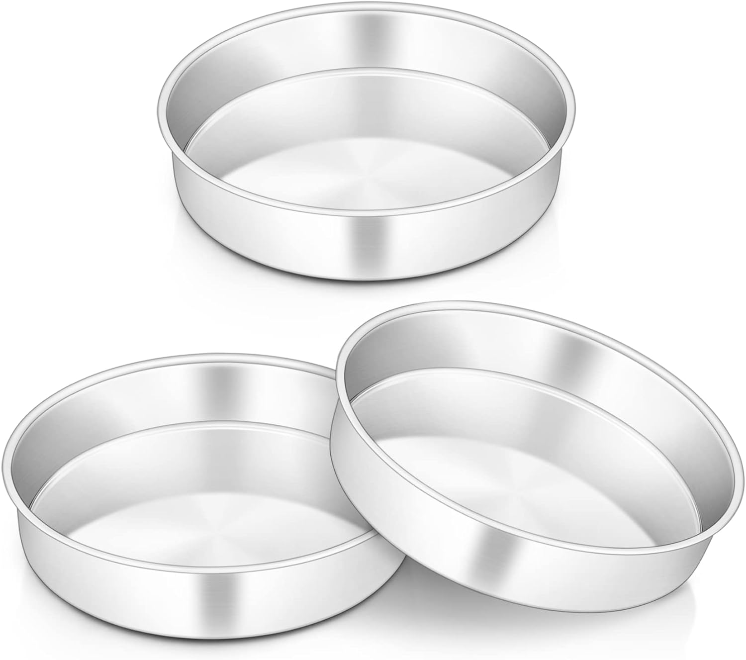 onader 8 inch round cake tin set of 3, stainless steel cake mould pan for baking, ideal for birthday christmas wedding layer cakes, non toxic & healthy, mirror finished & dishwasher safe