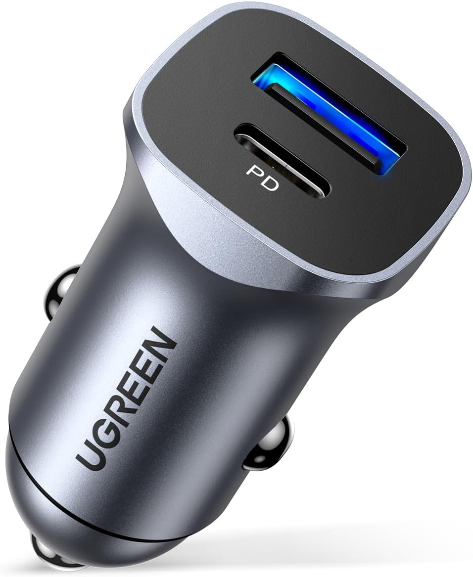 ugreen pd 24w car charger fast charging dual usb phone plug adapter car charger type c compatible with iphone 16 pro max/16 pro/15/14/13x/12/11, ipad, samsung s24/s23, huawei mate60,etc