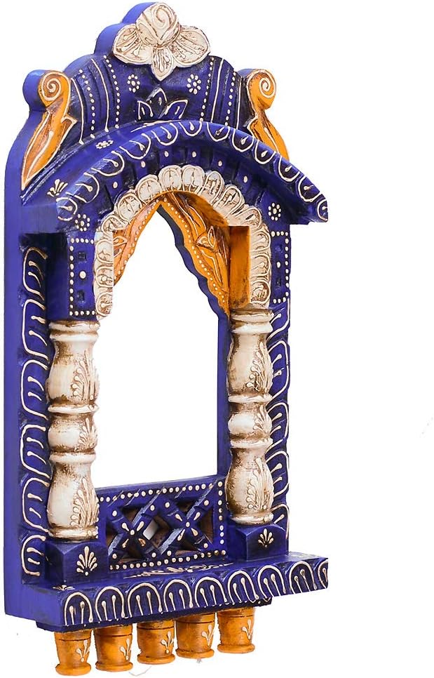 medieval arts mina solid wood hand painted wall hanging jharokha frame (blue, 16' inches), rectangular, framed