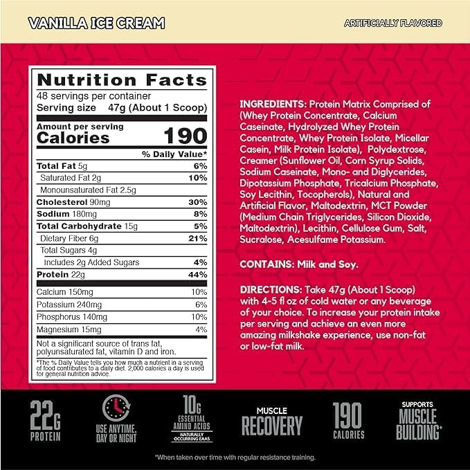 bsn syntha 6 ultra premium protein matrix, whey protein powder, micellar casein, milk protein isolate powder vanilla ice cream, 5 lbs, 48 servings (2.27 kg)