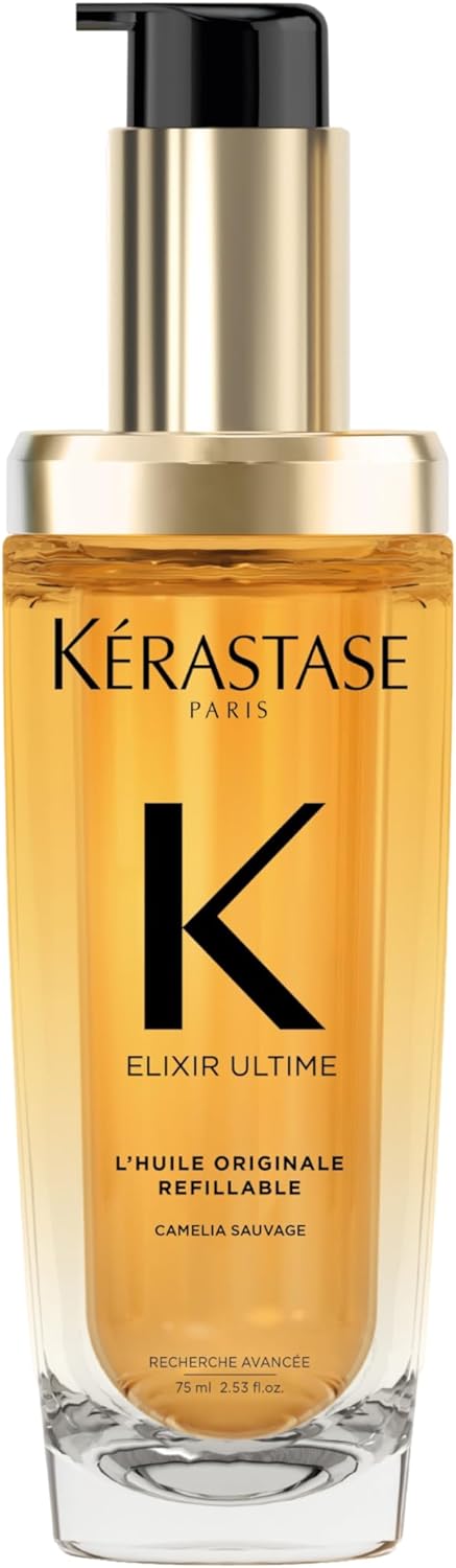 kérastase elixir ultime, l'huile originale refillable hair oil | versatile leave in oil to smooth frizz & add shine |camellia, marula and argan oils | for all hair types | 75ml