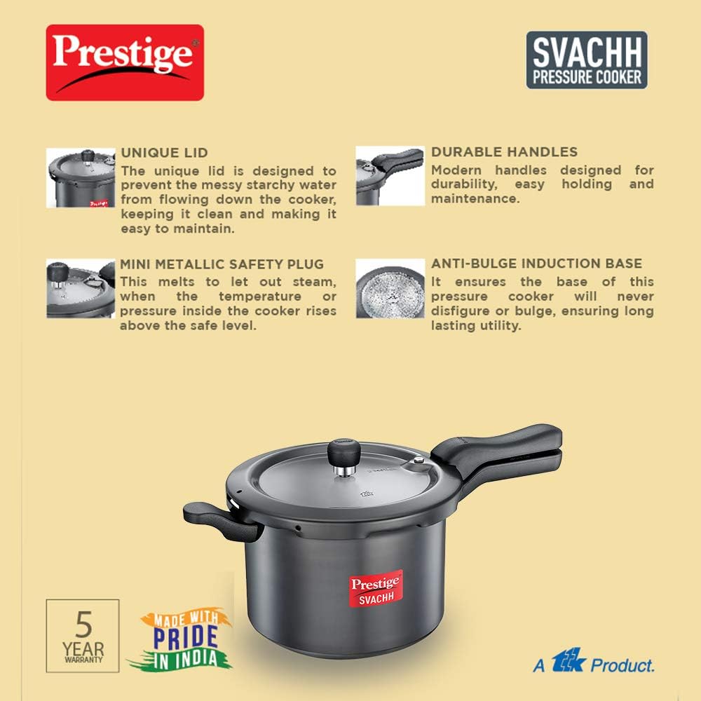 prestige svachh pressure cooker with hard anodised body 5 ltr | grey