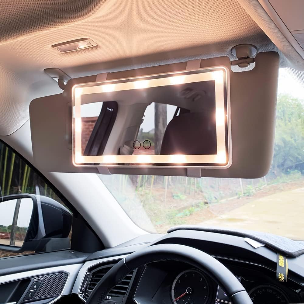 feisate car visor vanity mirror with led lights, car mirror light rechargeable makeup mirror with 3 light modes, car visor mirror, car vanity mirror for car truck suv, white