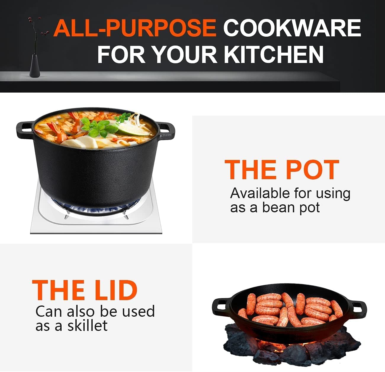 dsocool 2 in 1 pre seasoned cast iron dutch oven pot with skillet lid cooking pan, cast iron skillet cookware pan set with dual handles indoor outdoor for bread, frying, baking, camping, bbq