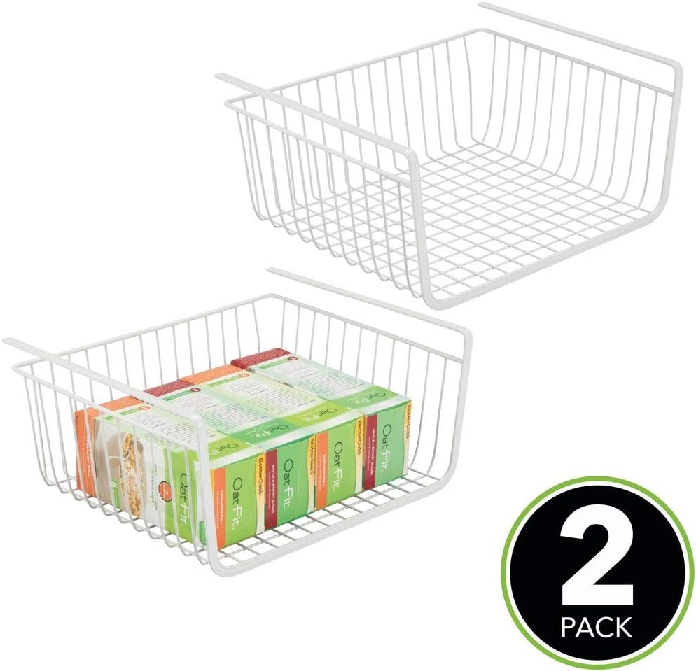 mdesign household metal under shelf hanging storage bin basket with open front for organizing kitchen cabinets, cupboards, pantries, shelves large, 2 pack white