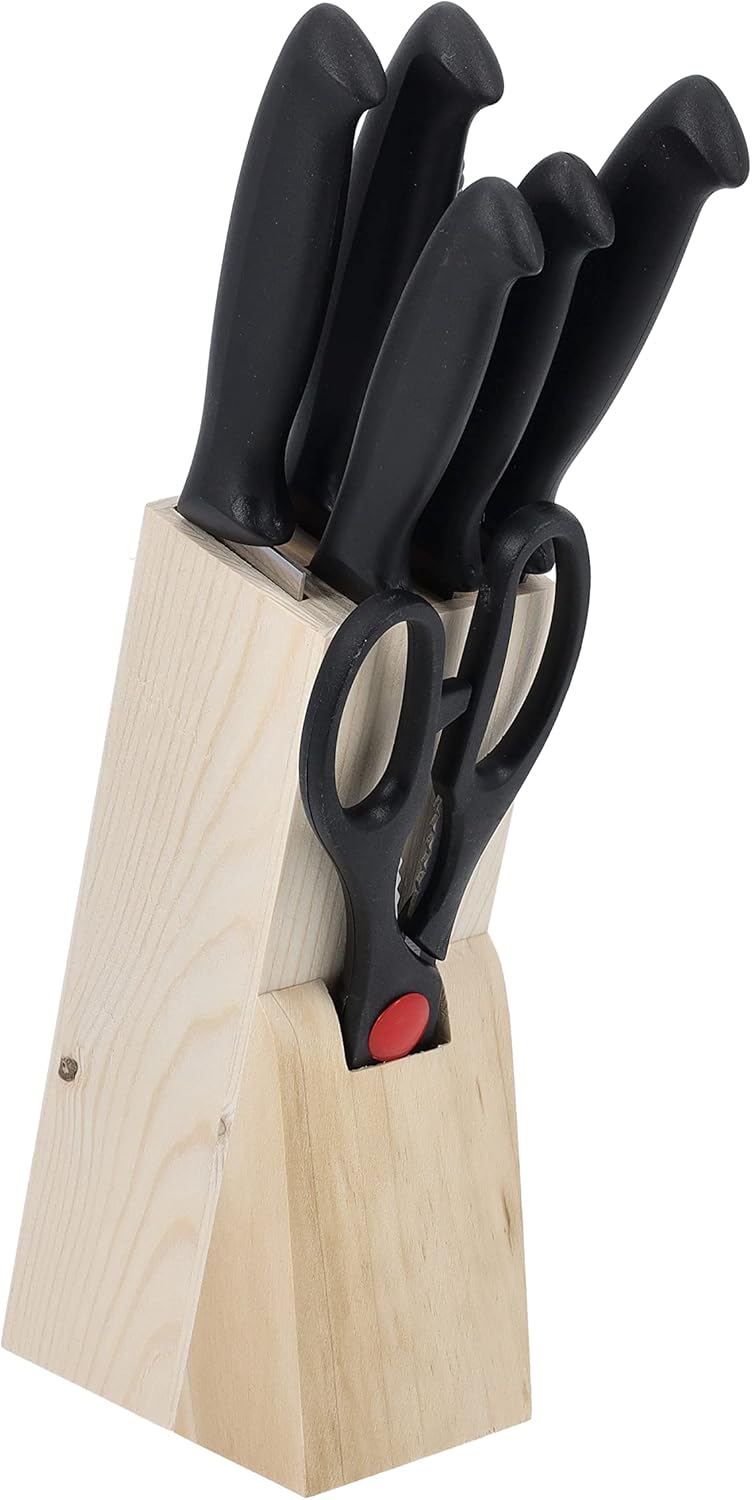 royalford 8pcs kitchen knives set with wooden block, rf10229 multipurpose scissor, knife sharpener all in 1 for chopping, slicing, mincing and dicing, black
