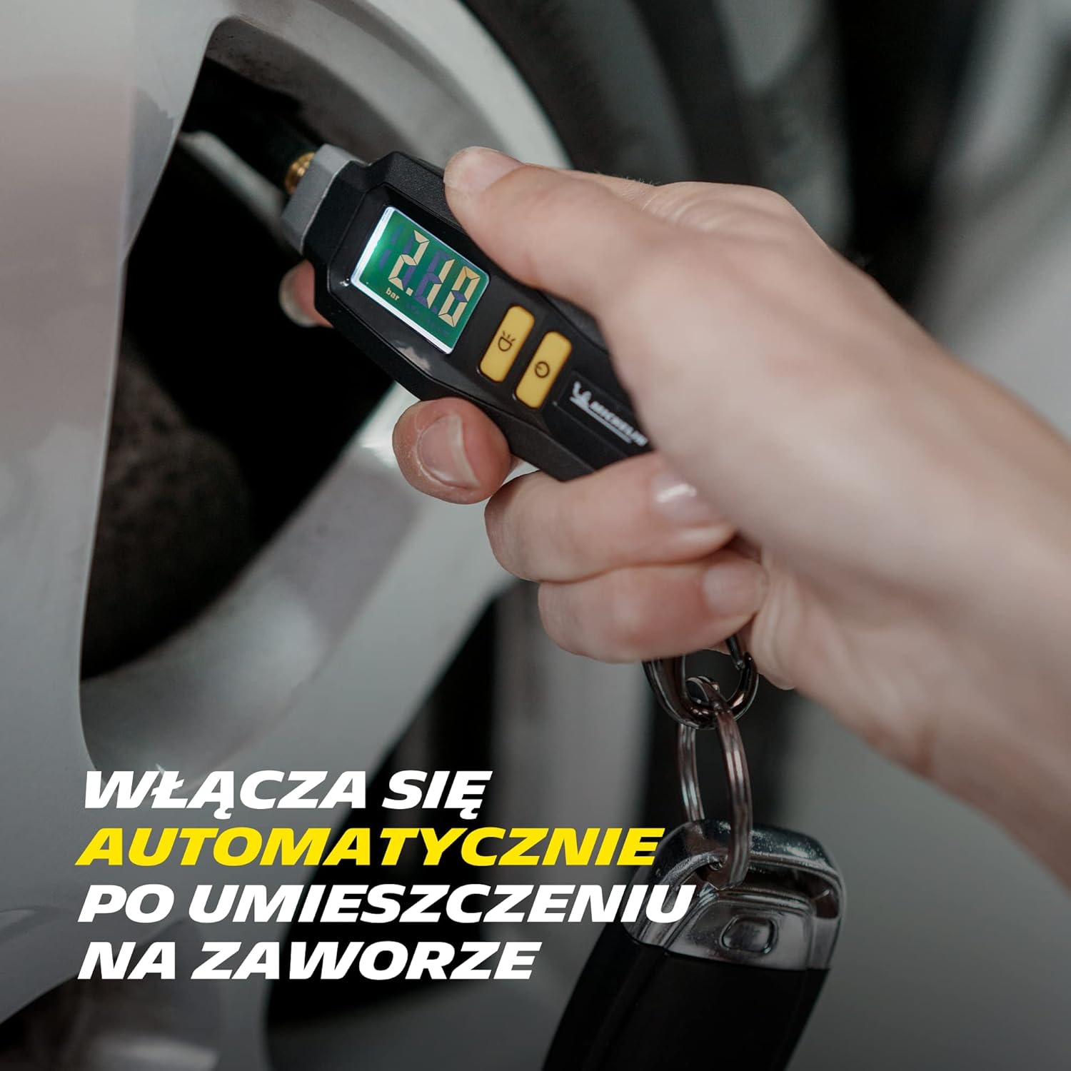 michelin digital tyre pressure gauge with keyring, compact, accurate tire pressure monitor for cars, bikes, led display, portable, black