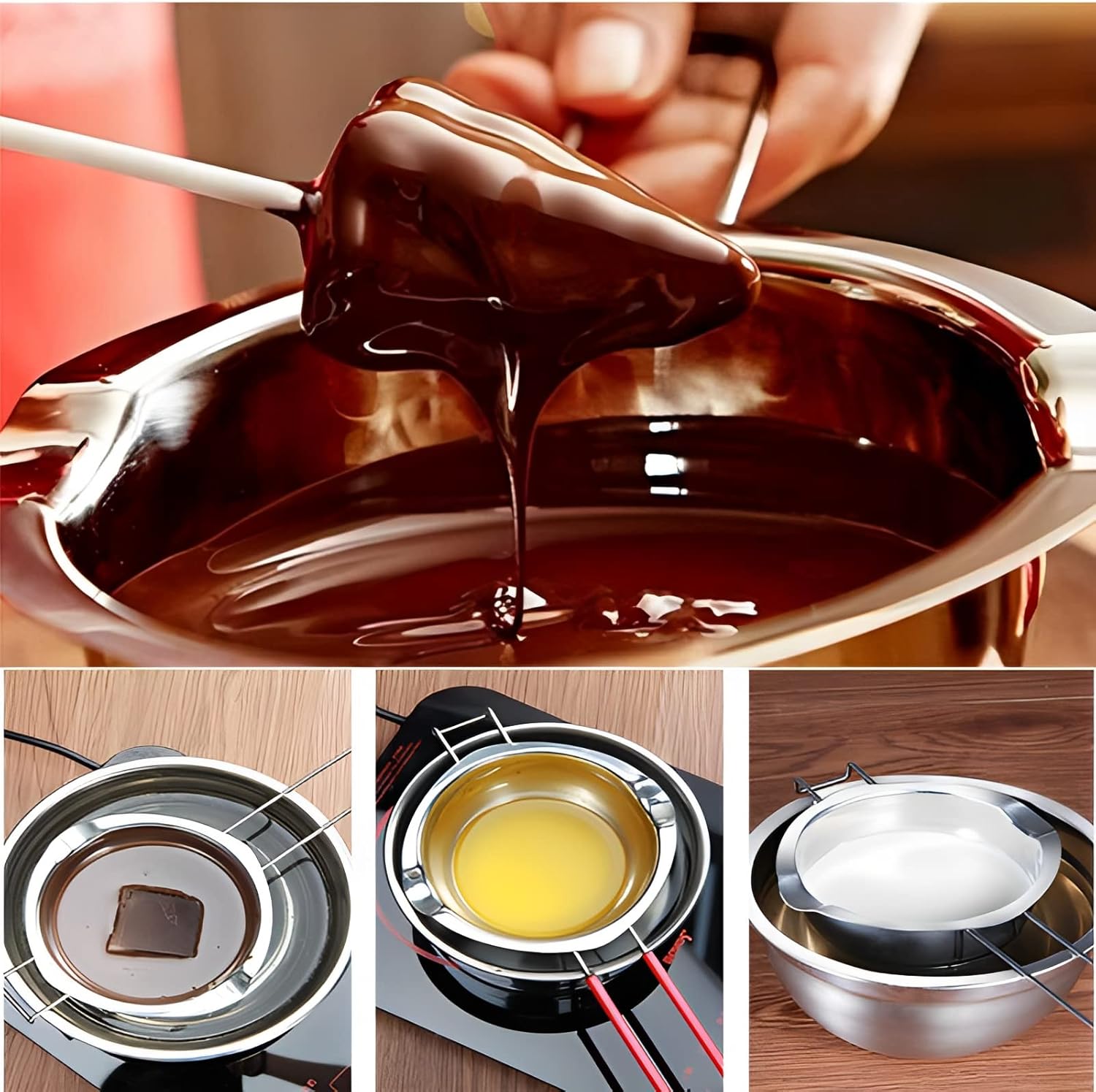 beauenty stainless steel double pot,kitchen melting pot baking tools,304 chocolate melting pot for melting chocolate,butter,cheese, caramel and candy (600ml,3 cup capacity,20oz)