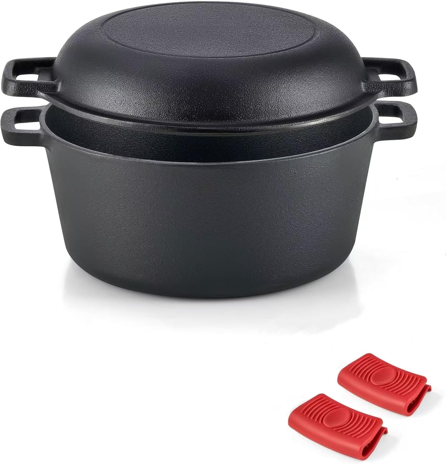 orchid m® 2 in 1 pre seasoned cast iron dutch oven with lid, 4.8 qt pot & 10.5 in skillet cookware set with handles & lid lifter, deep pot for baking stewing roasting, indoor & outdoor use