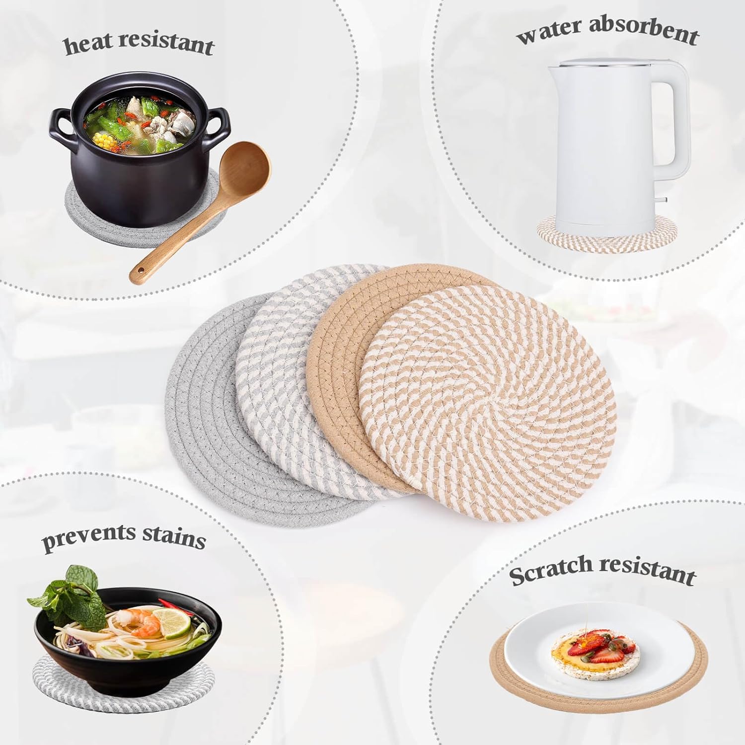 billbotk 7" trivets for hot dishes, hot pots and pans, 4 heat resistant hot pads, pot holders for kitchen, hot plate mats for kitchen decor and essentials(gray&brown)