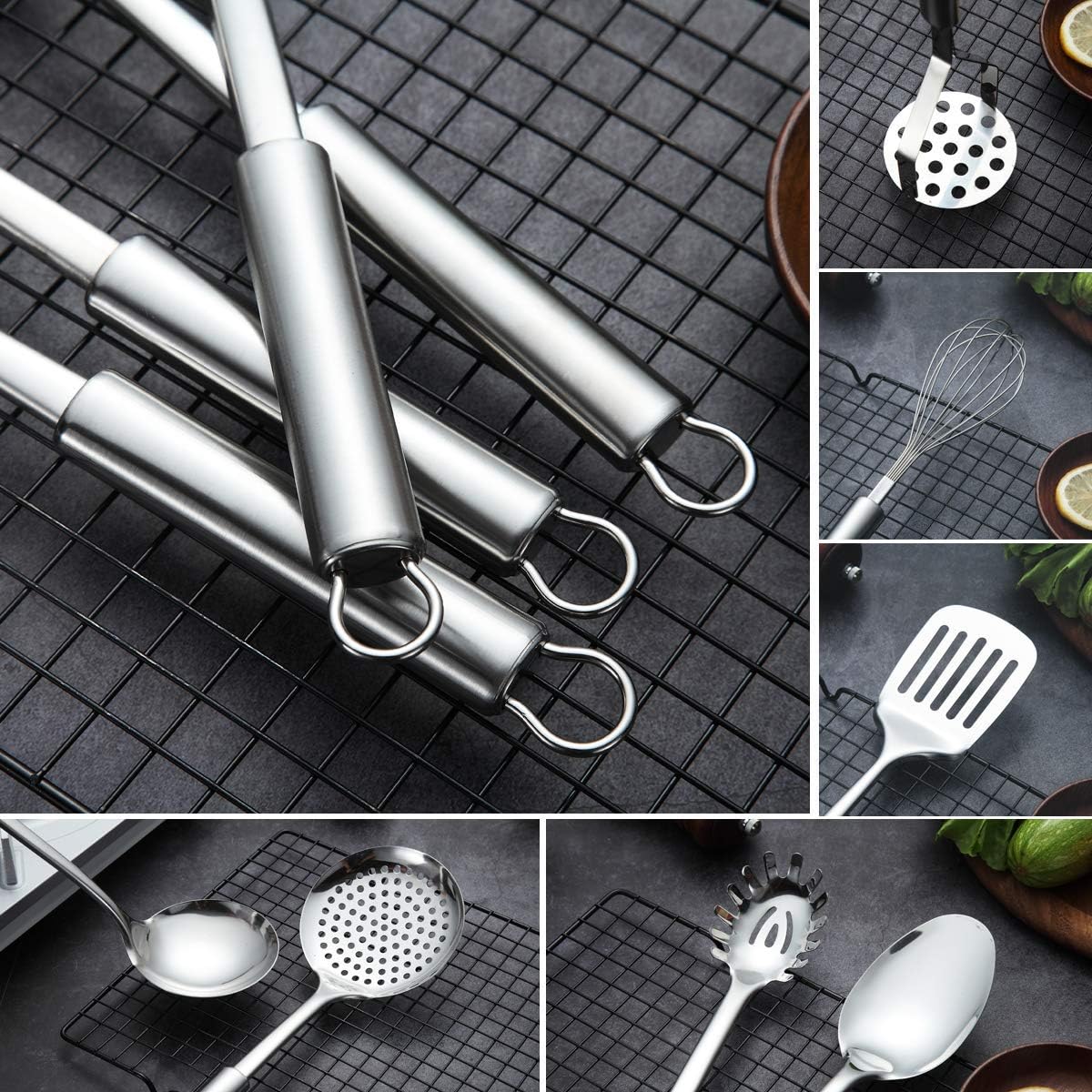 berglander stainless steel kitchen utensil 12 piece with 1 stand, cooking spoon, kitchen tools cooking utensil with holder. (13 pieces)