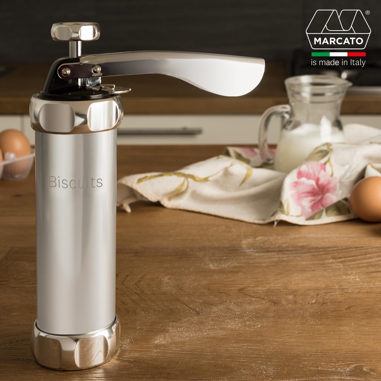 marcato cookie press, homemade cookie machine, backing accessory, made in italy, anodized aluminum, adjustable cookie size, 20 included shape discs