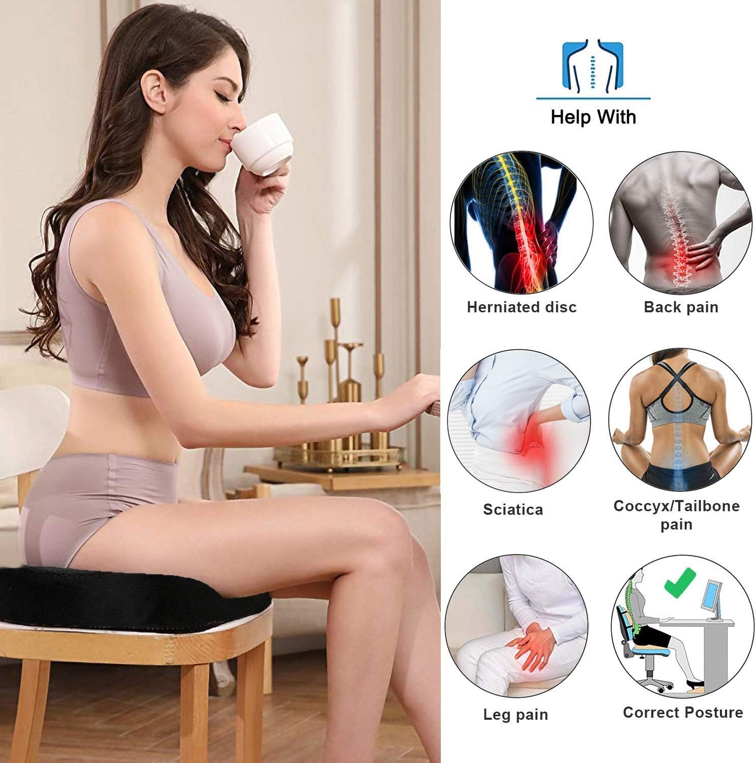 littlesun premium comfort seat cushion – non slip orthopedic 100% memory foam coccyx cushion for tailbone pain – cushion for office chair car seat – back pain & sciatica relief (seat cushion)