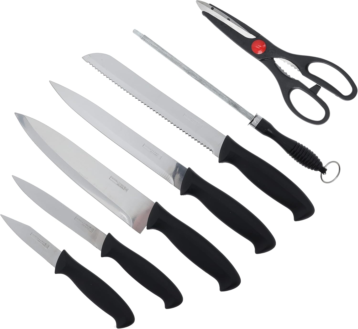 royalford 8pcs kitchen knives set with wooden block, rf10229 multipurpose scissor, knife sharpener all in 1 for chopping, slicing, mincing and dicing, black