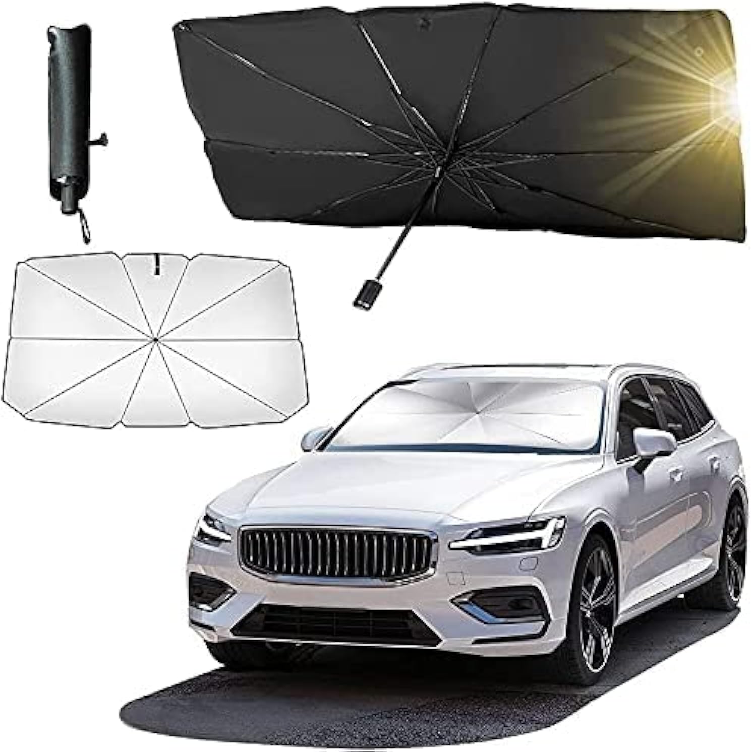 tdoo car sun shade,for car front windshield, car umbrella sun shade cover, foldable uv reflector and heat, sunshade for cars, fits most vans suvs (57 x 31 in) (a), black