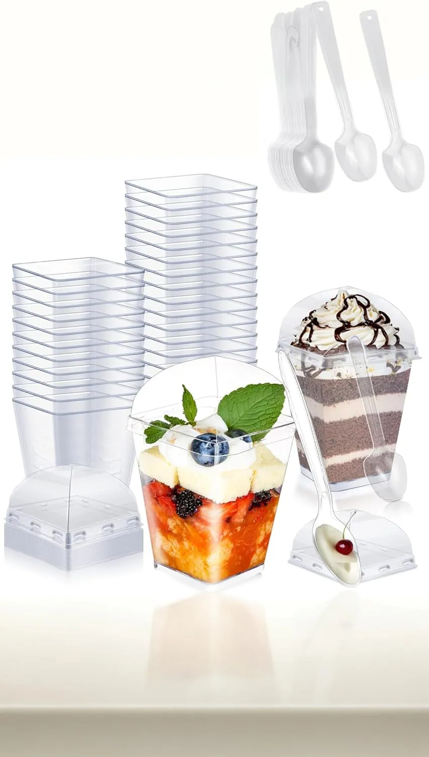 Sweet seven 50 Pack 5oz Dessert Cups with Dome Lids and Spoons - Clear Plastic Parfait Cups for Wedding, Birthday, Halloween