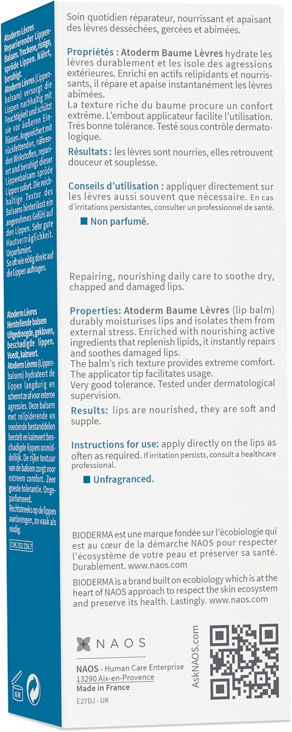 bioderma atoderm restorative lip balm for very dry sensitive skin, 15ml