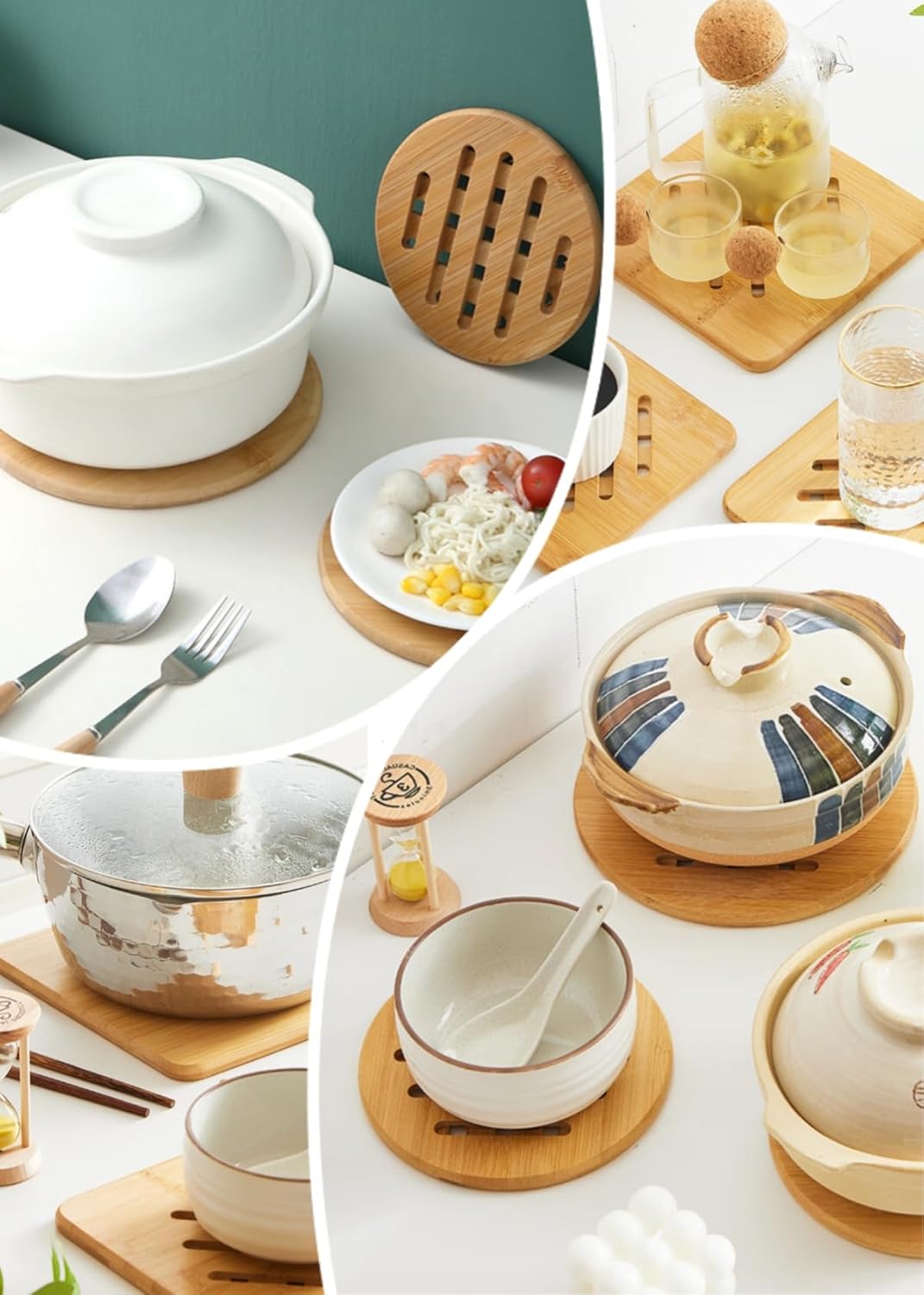 alfto hot pads trivet,table solid bamboo wood trivets for hot dishes and pot with non slip pads heat resistant pads teapot trivet 4pcs(multi size,2 square 2 round)