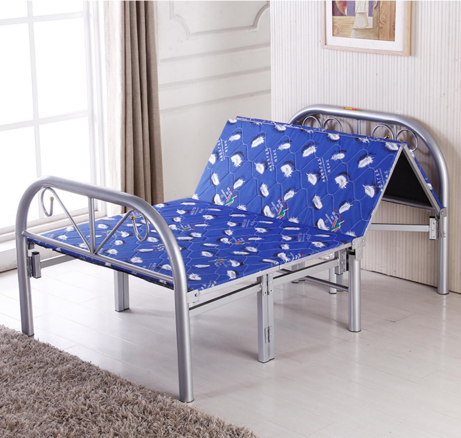 sky touch folding bed 190x 90cm, folding single bed heavy duty steel metal platform bed frame with tool free setup,blue