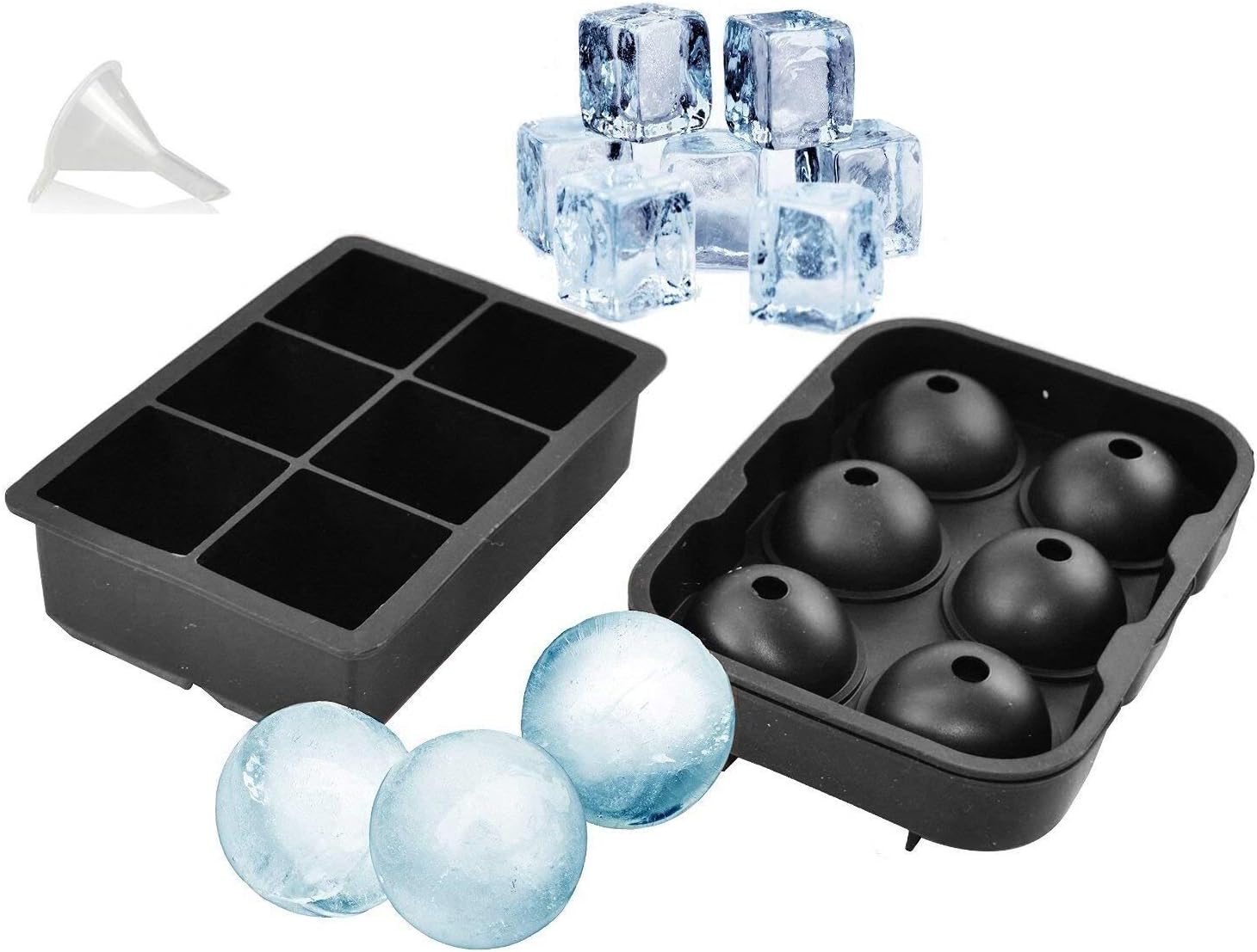 showay ice cube trays 2 set + funnel silicone molds sphere ice ball maker and large frozen square cubes bpa free and reusable with lid round ice cube mold