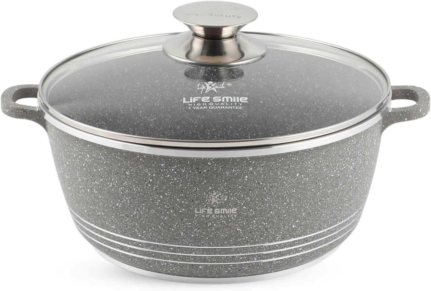 life smile cooking pot with lid | aluminum soup pot with glass lid | 100% pfoa free, fixed handle | multi layer non stick granite coating | oven safe (20cm (2.3 liters), grey)