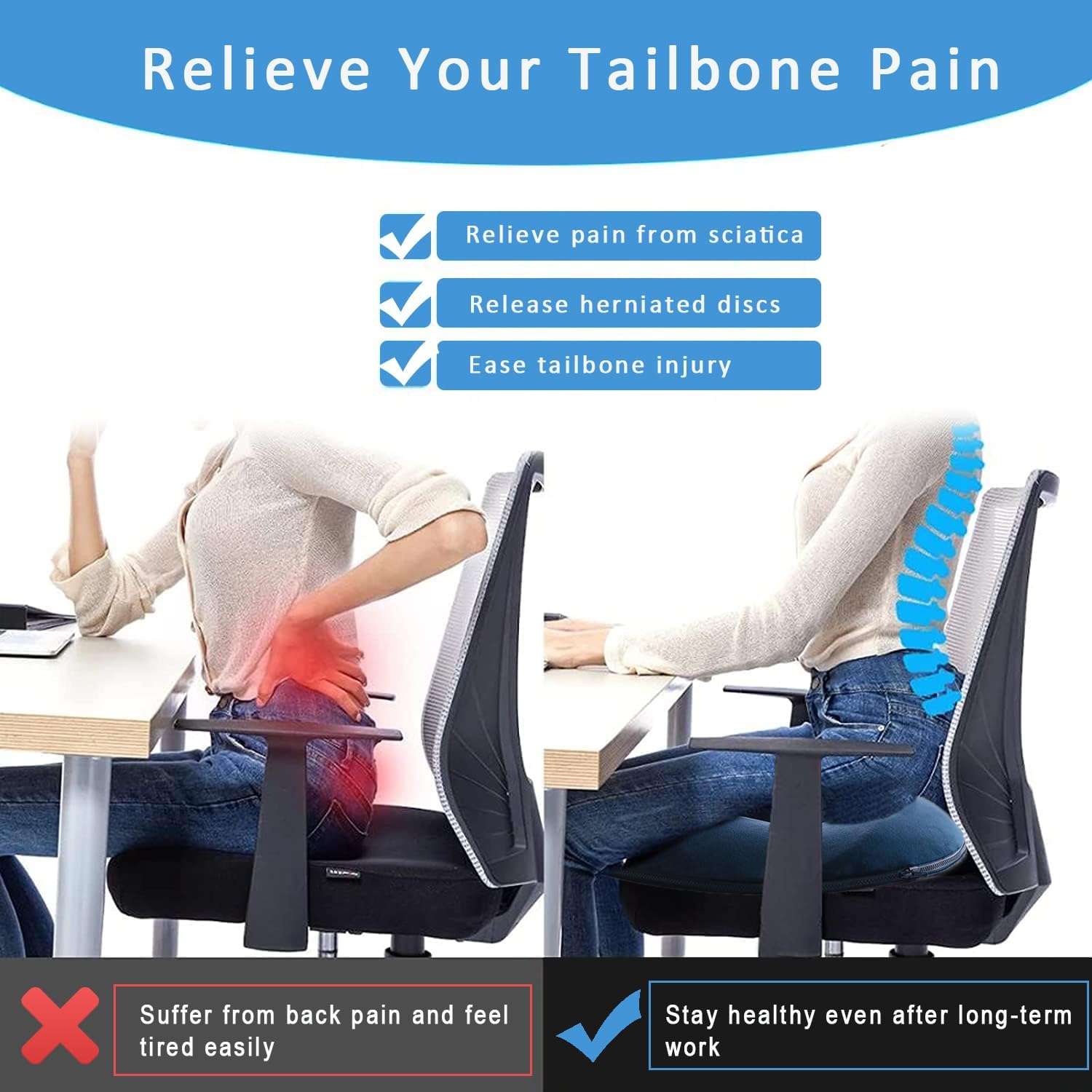 gluckluz donut pillow memory foam tailbone pillow seat cushion massage chair pad orthopedic pillow for car office hip push up yoga hemorrhoids (blue)