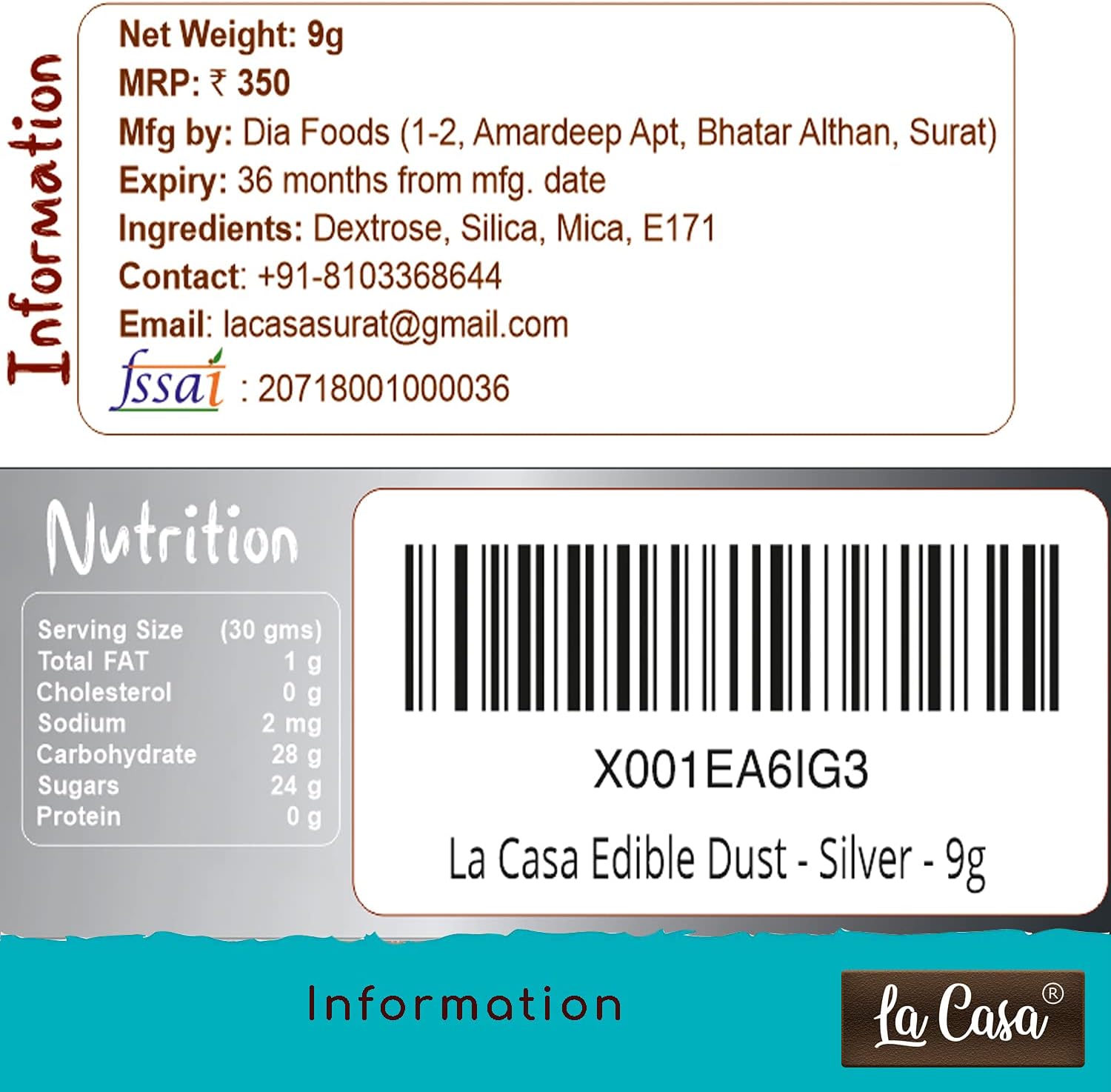 la casa premium edible lustre dust royal silver | pearl dust ideal for cake icing decoration & garnishing | 9gm |