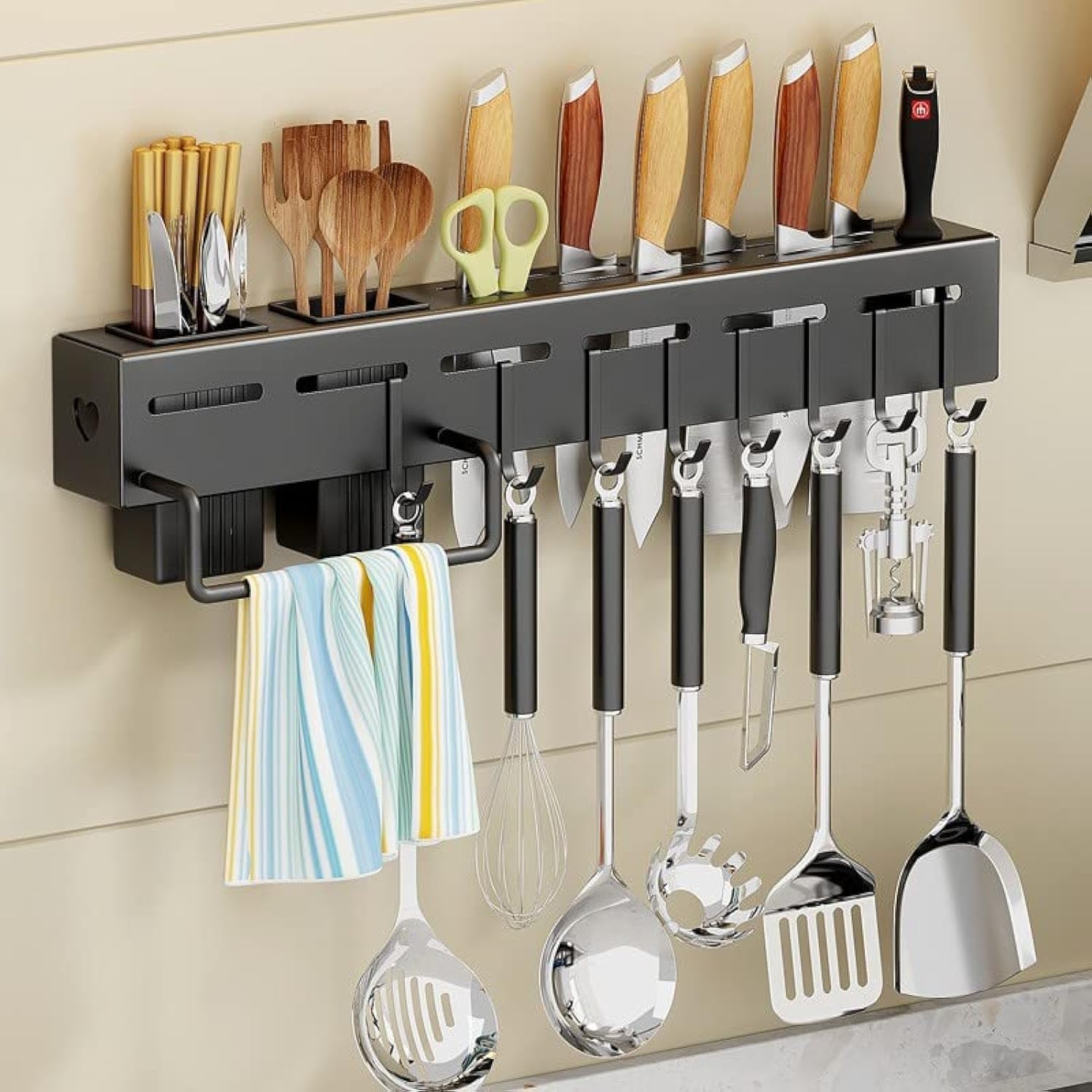 kitchen knife rack, wall mounted knife holder kitchen wall shelf heavy duty spoon organizer, cutlery holder with 8 hooks & towel rack, multi purpose knife organizer for kitchen, restaurant