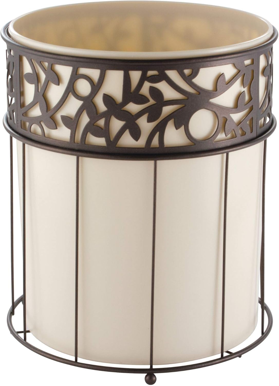 idesign vine metal and plastic wastebasket trash can garbage can for bathroom, bedroom, home office, kitchen, patio, dorm, college, vanilla tan and bronze
