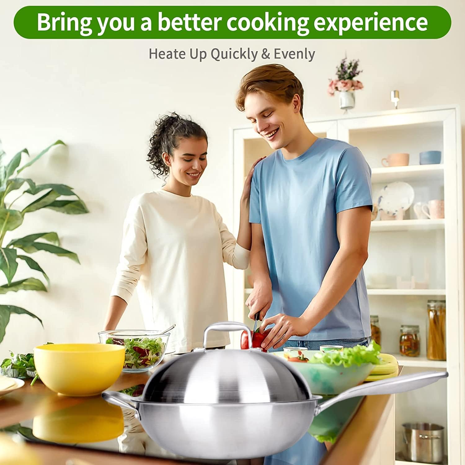 angju wok pan non stick stainless steel stir fry pans with domed lid & bamboo spatula scratch proof cookware for gas, induction or electric stove