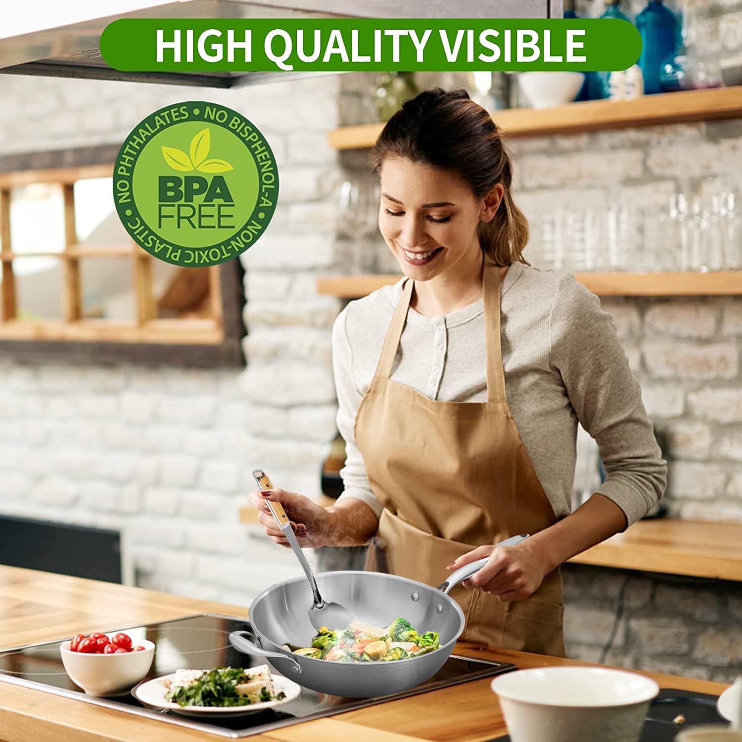 angju wok pan non stick stainless steel stir fry pans with domed lid & bamboo spatula scratch proof cookware for gas, induction or electric stove