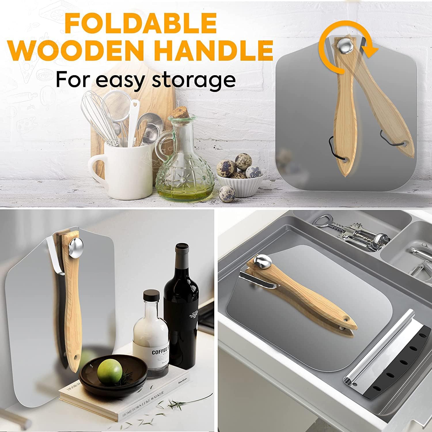 premify aluminum metal pizza peel with foldable wood handle for easy storage, 12"x14 inch professional pizza paddle for baking homemade pizza bread 12"x14" turning peel