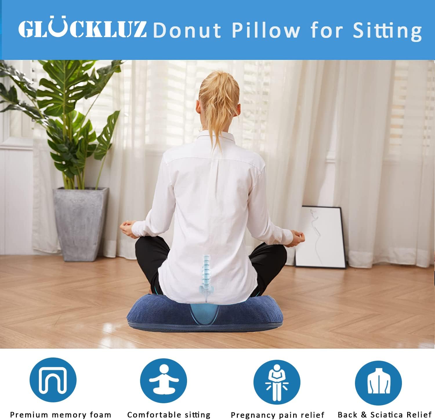 gluckluz donut pillow memory foam seat cushion coccyx pain relief car seat pads for office airplane hemorrhoid prostate pregnancy post natal post surgery sciatica (blue)