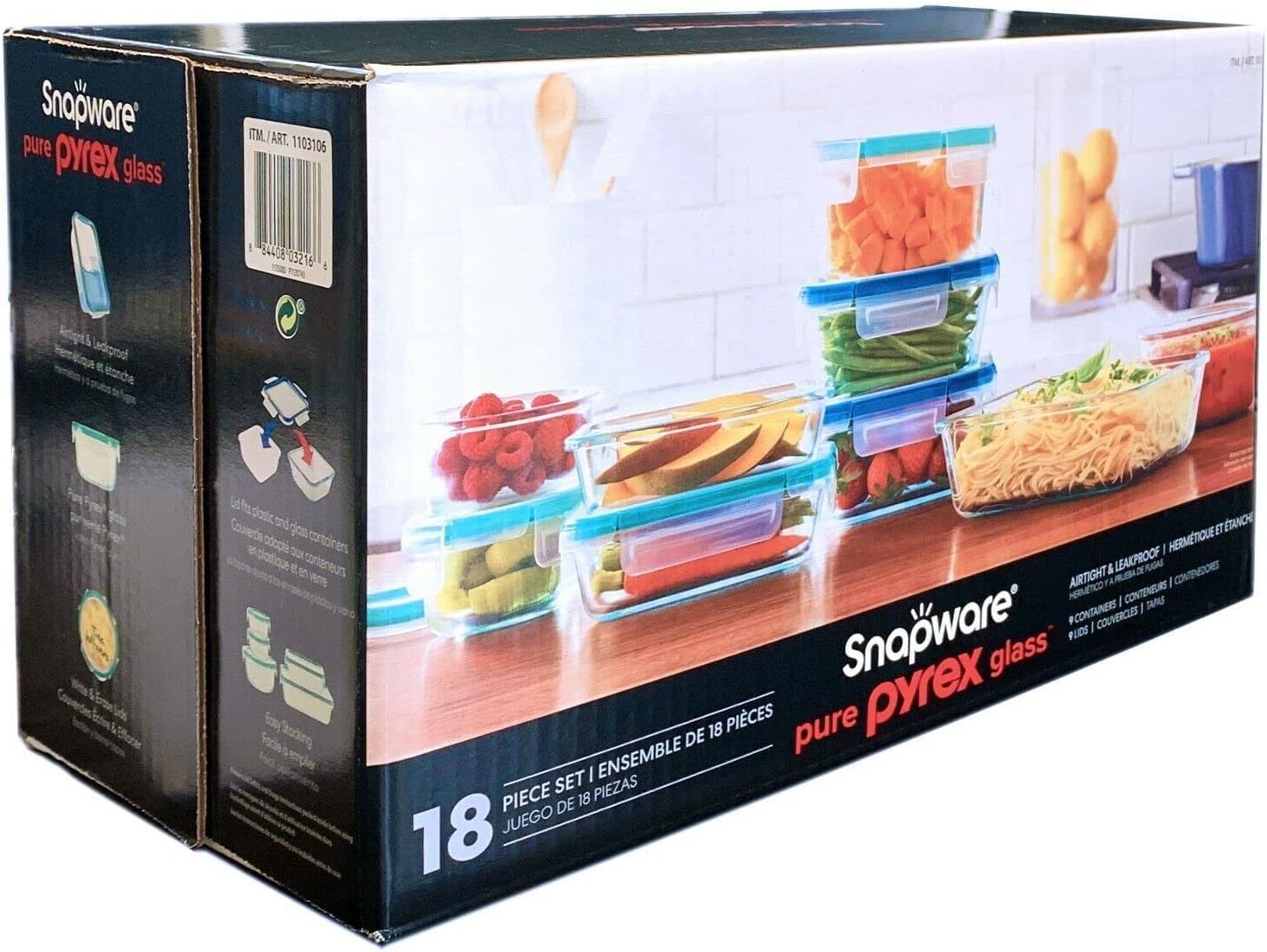 snapware pure pyrex 18 piece glass food storage set, 2.6, clear, microwave, oven, refrigerator, freezer & dishwasher safe