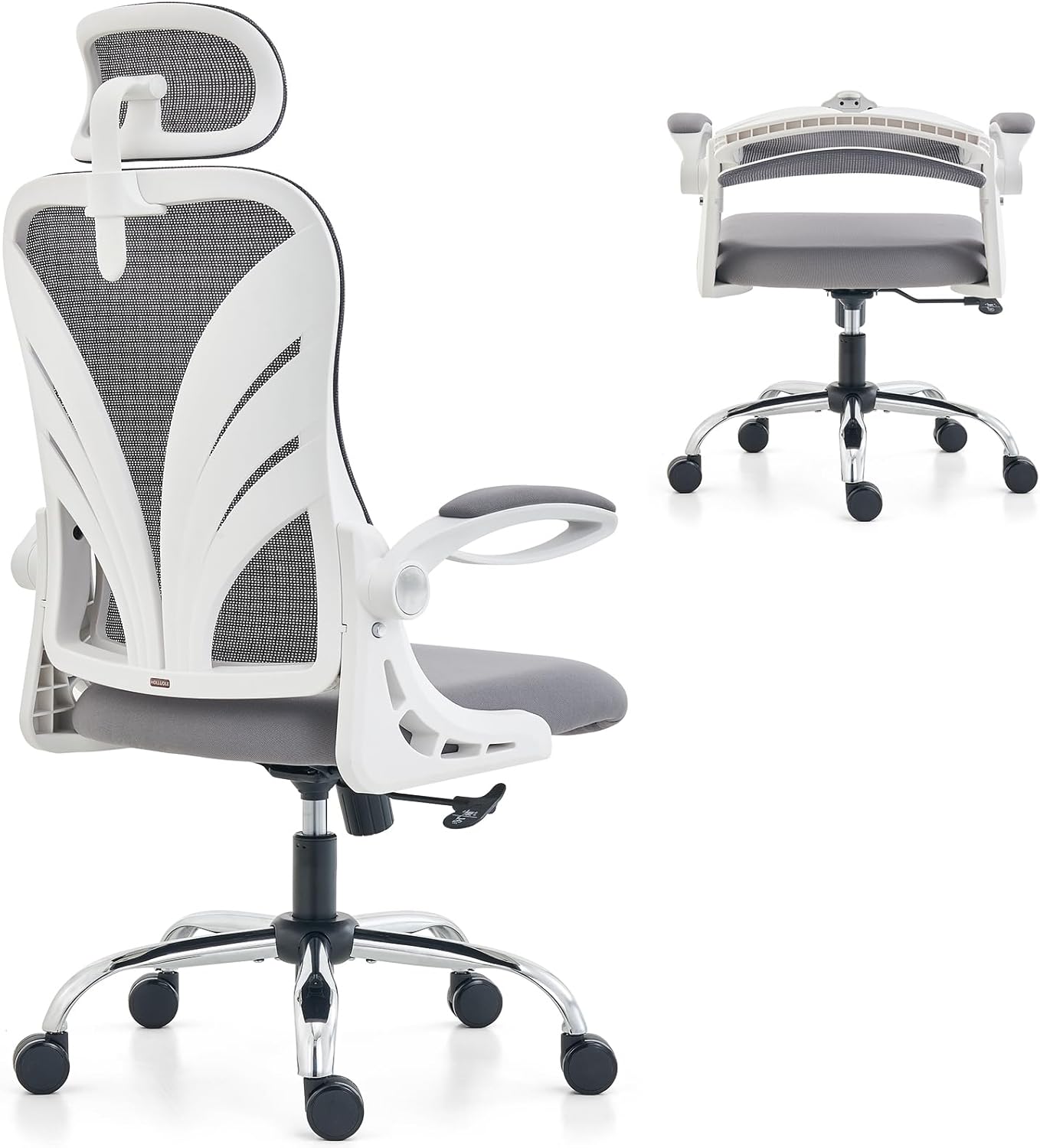 holludle ergonomic office chair with foldable backrest, computer desk chair with flip up armrests, mesh lumbar support and 2d headrest big and tall office chair, white