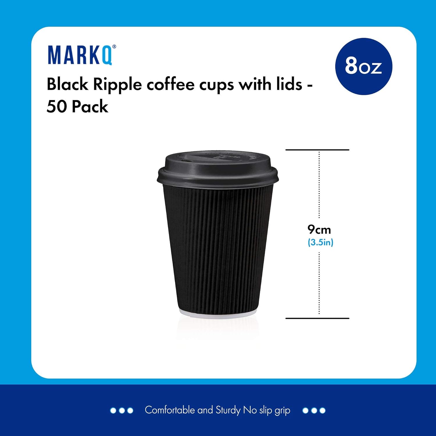 markq 8 oz black disposable coffee cups with lids | triple wall ripple paper cups | disposable cups for hot & cold drinks | eco friendly disposable cups [50 sets]
