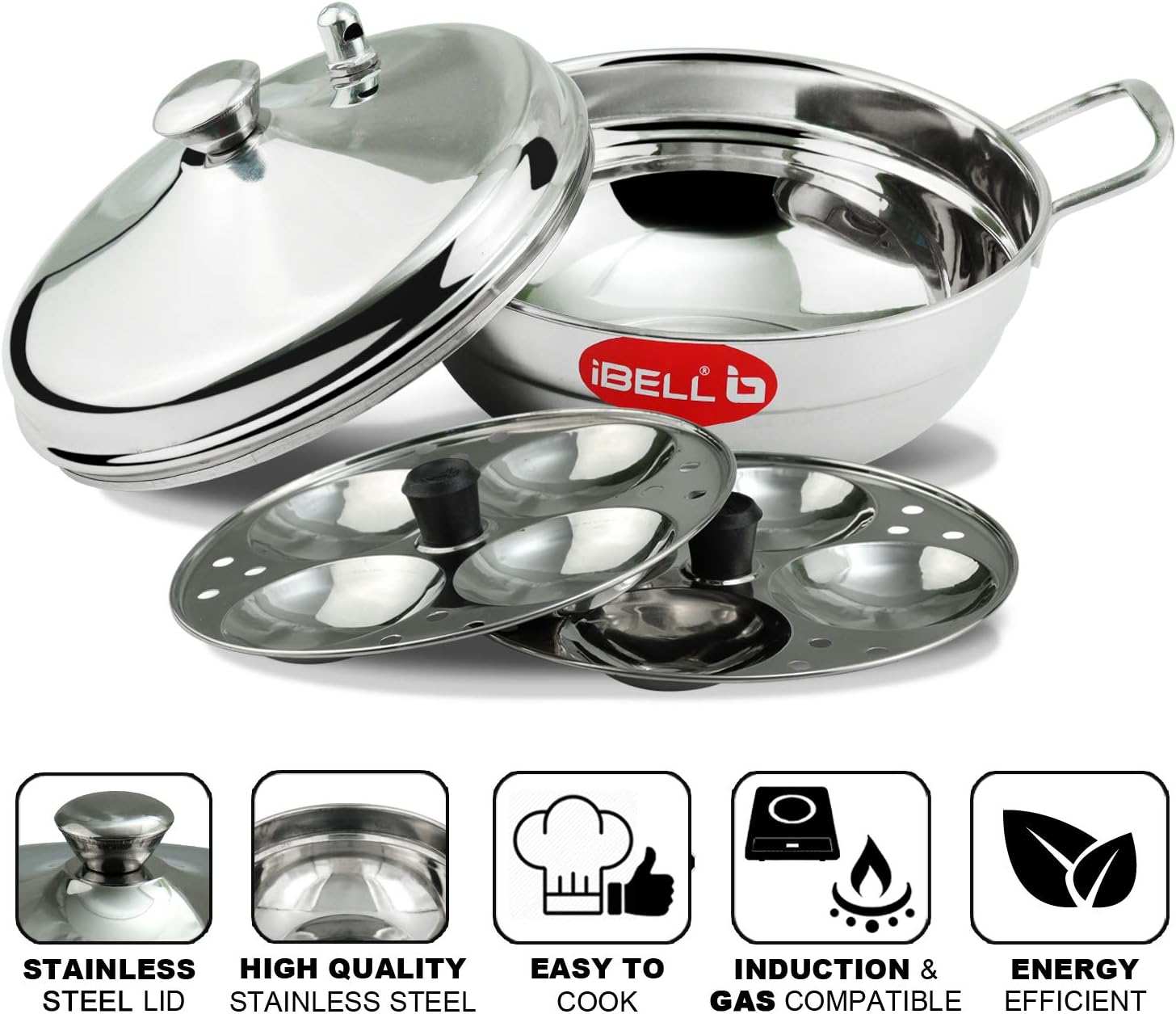 ibell stainless steel multi purpose kadai with 2 idli plate (8 idlis) and steel lid, silver