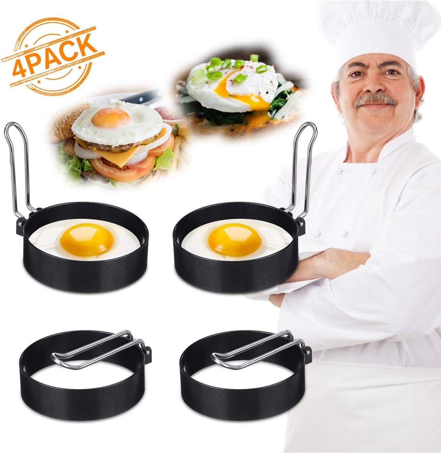 gneric 4 pack egg ring, round egg pancake maker mold, stainless steel non stick metal circle shaper mold, household kitchen cooking tool for frying mcmuffin or shaping eggs, egg maker molds