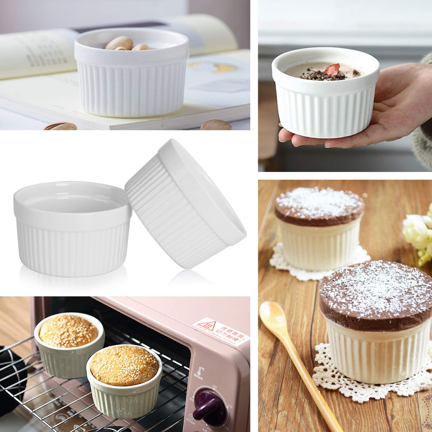 gpyg ramekins 6 oz, set of 8, creme brulee ramekins, souffle dishes, oven safe porcelain ramiken bowls for custard, lava cakes, pudding, flan, mini desserts, jam and ice cream, ramekins for baking