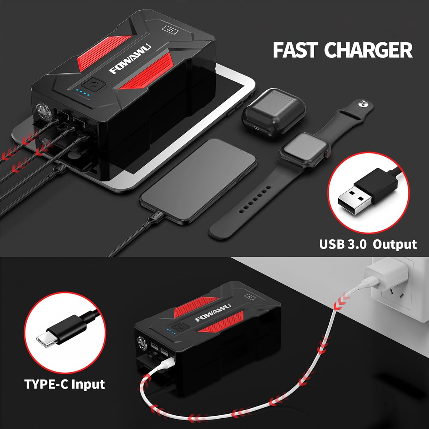 fowawu 3000 a 22800mah car jump starter(8.5 l gas,6.5 l diesel), 12 v car battery jump starter, battery jumper starter portable with usb 3.0, led light